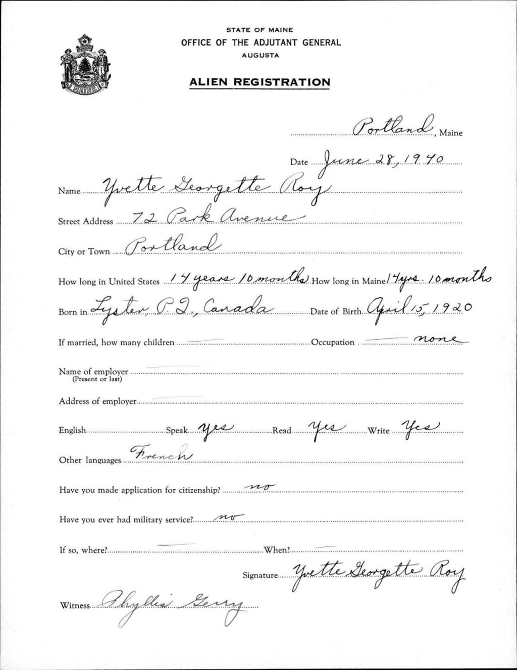 Miniature of Alien Registration- Roy, Yvette G. (Portland, Cumberland County)