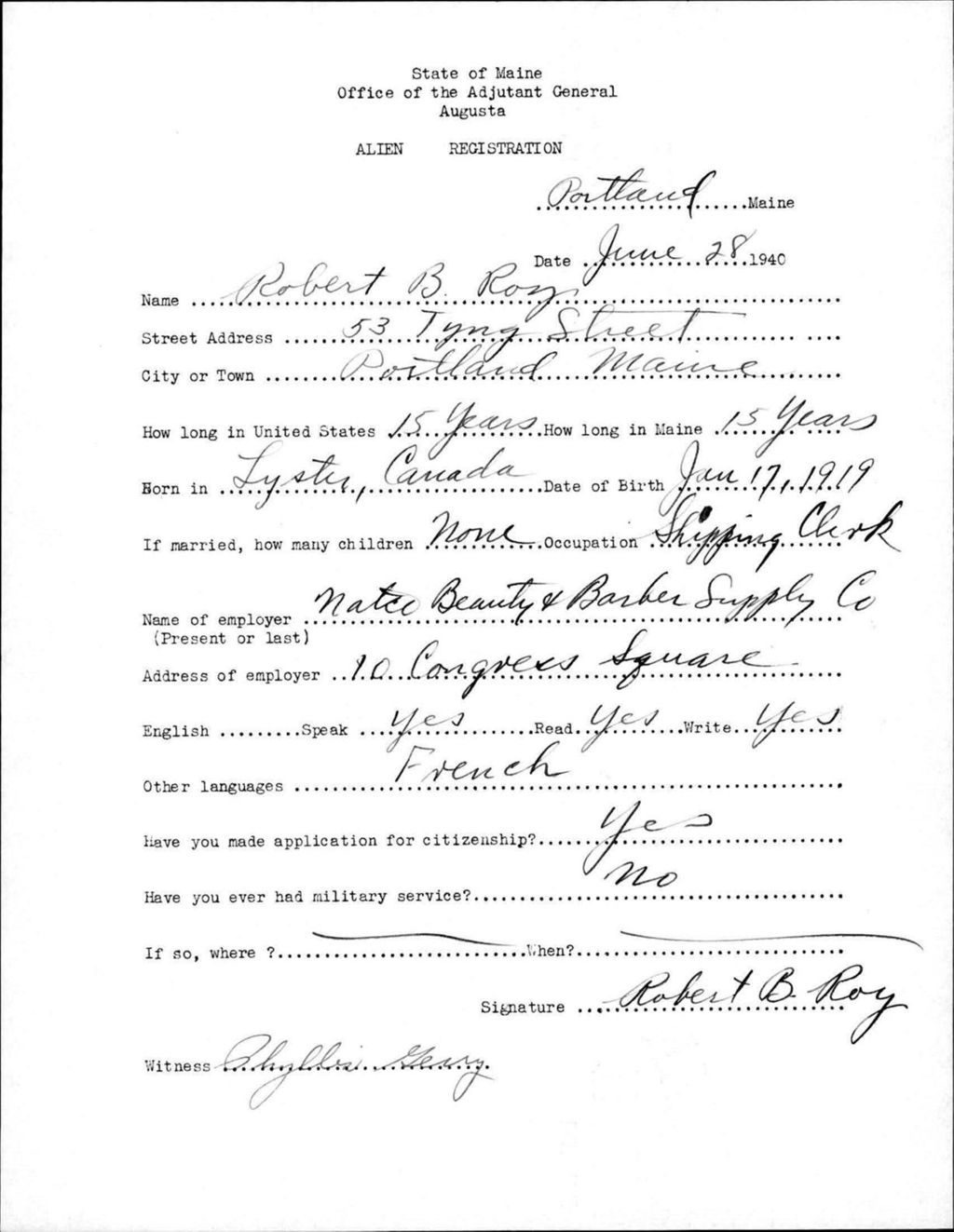Miniature of Alien Registration- Roy, Robert B. (Portland, Cumberland County)
