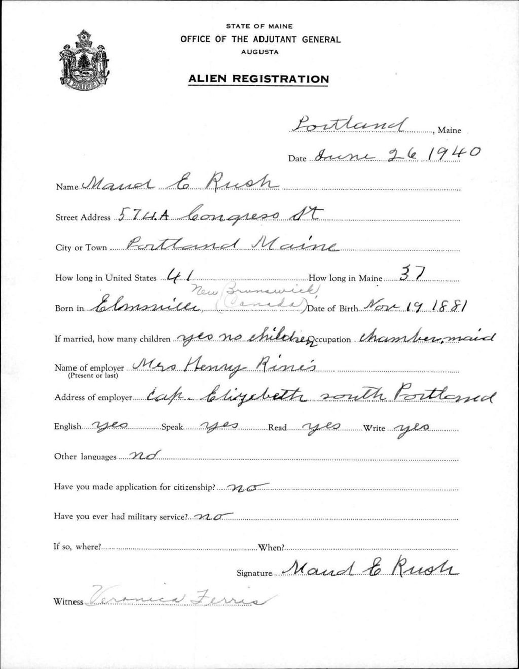 Miniature of Alien Registration- Rush, Maud E. (Portland, Cumberland County)