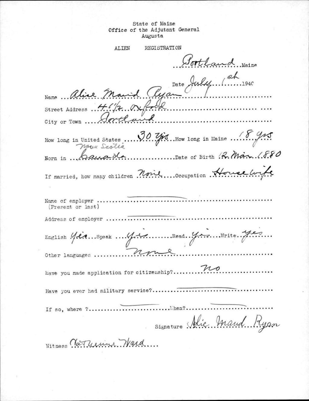Miniature of Alien Registration- Ryan, Alice M. (Portland, Cumberland County)