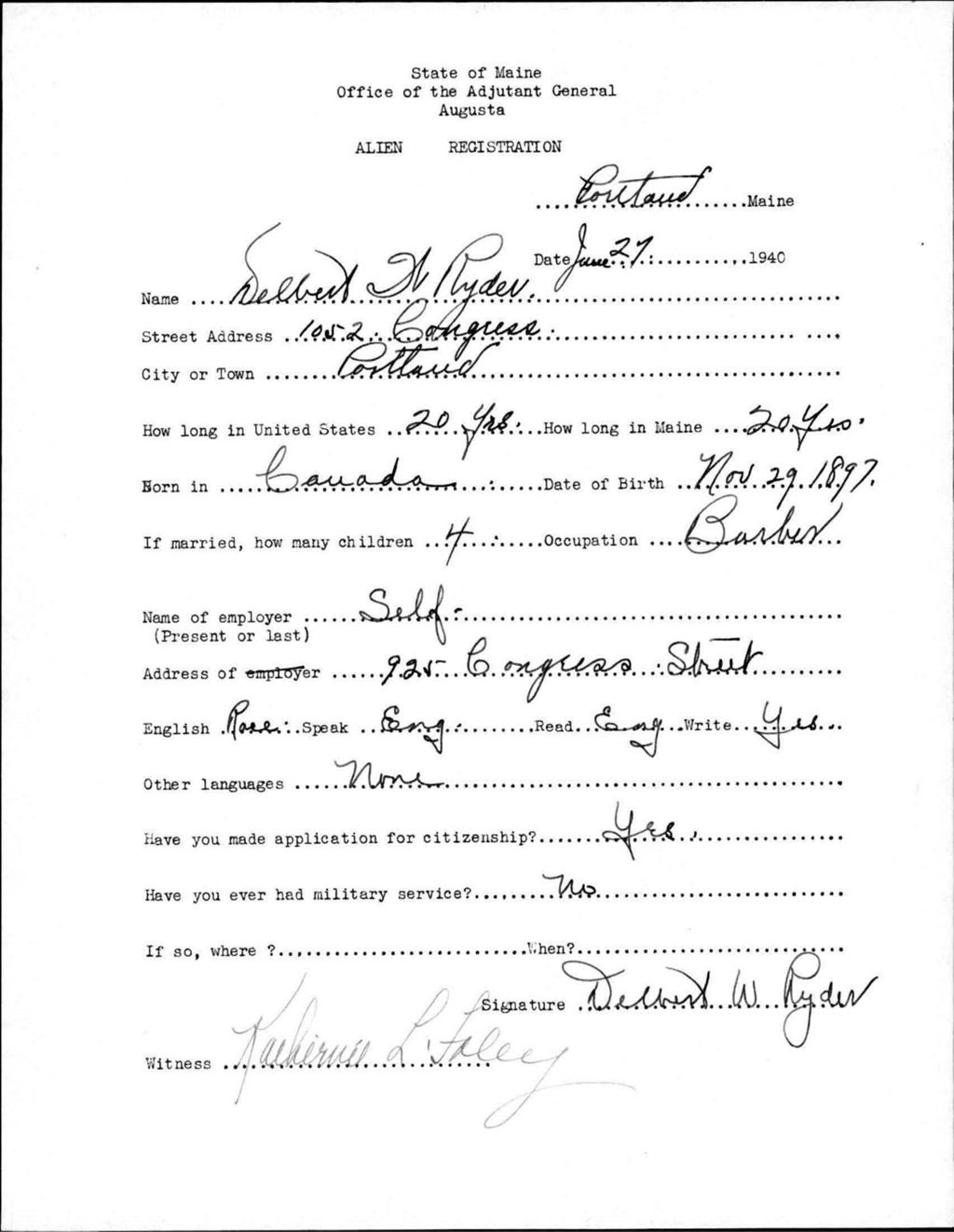 Miniature of Alien Registration- Ryder, Delbert W. (Portland, Cumberland County)