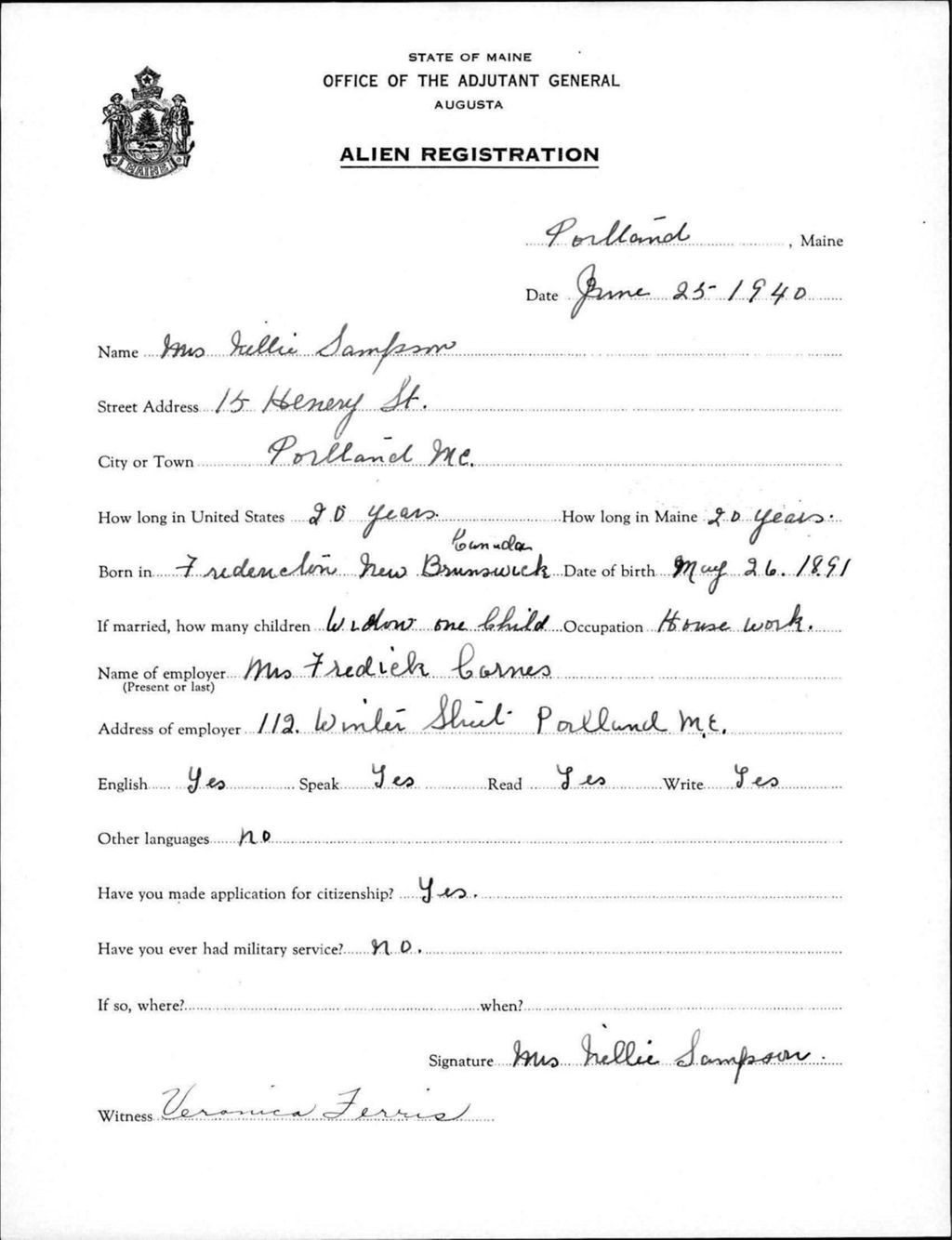 Miniature of Alien Registration- Sampson, Nellie (Portland, Cumberland County)