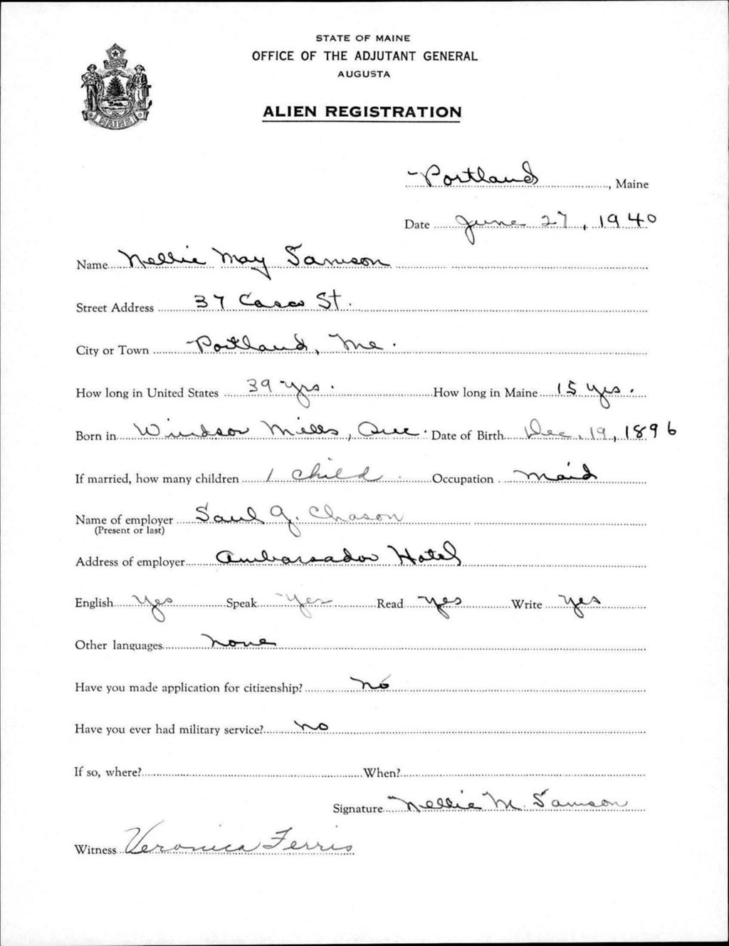 Miniature of Alien Registration- Samson, Nellie M. (Portland, Cumberland County)
