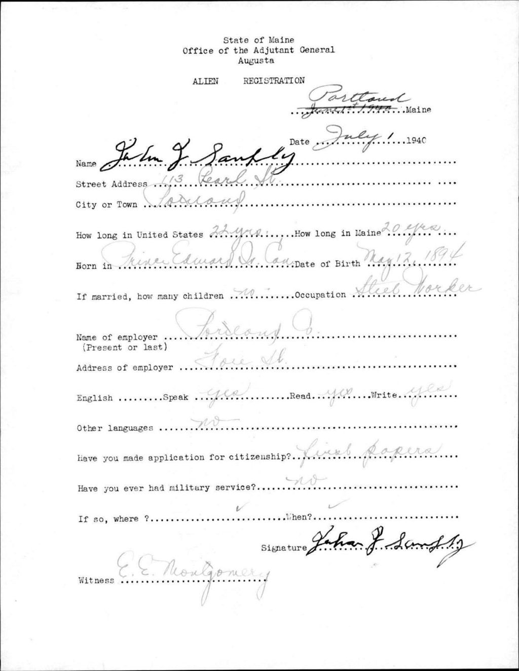 Miniature of Alien Registration- Sanphy, John J. (Portland, Cumberland County)
