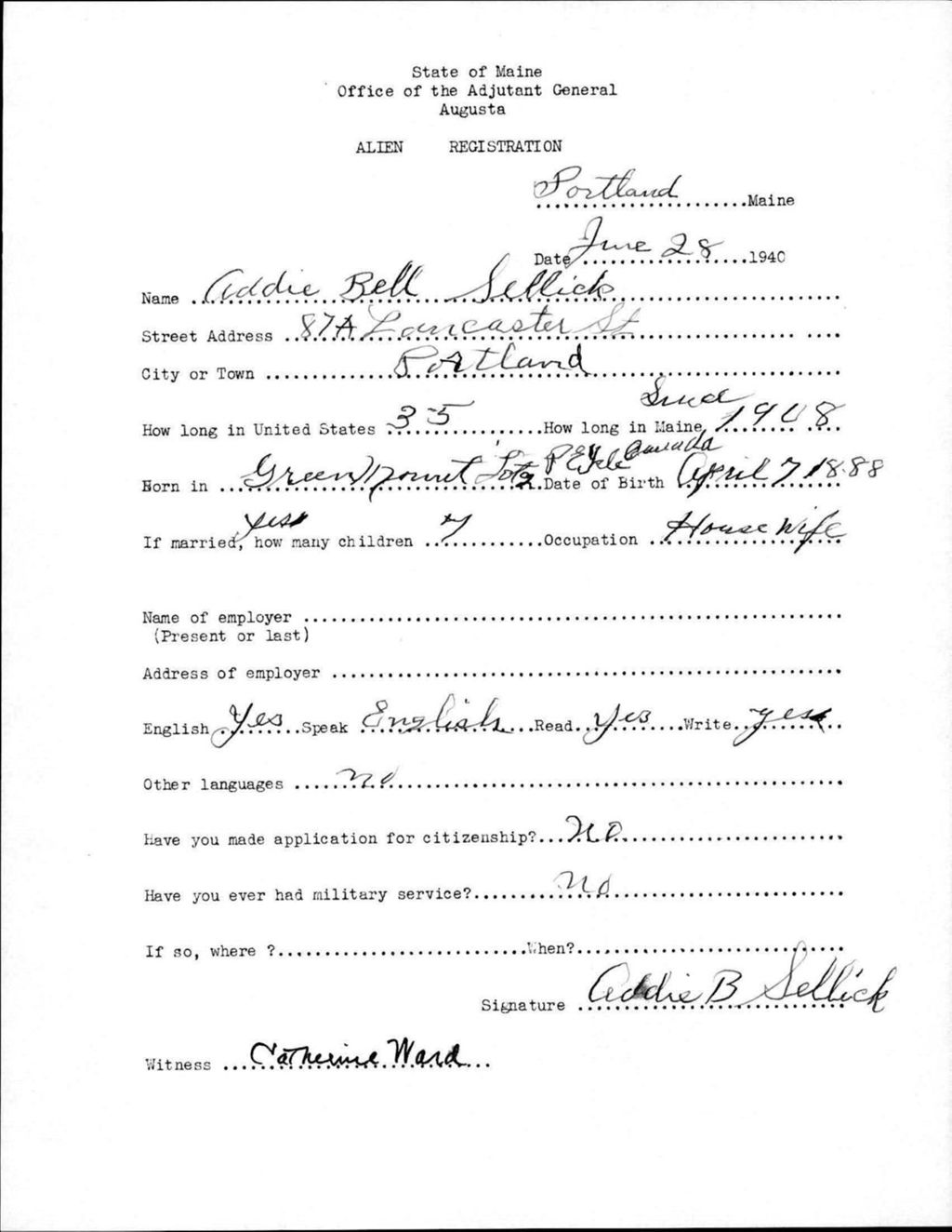 Miniature of Alien Registration- Sellick, Addie B. (Portland, Cumberland County)