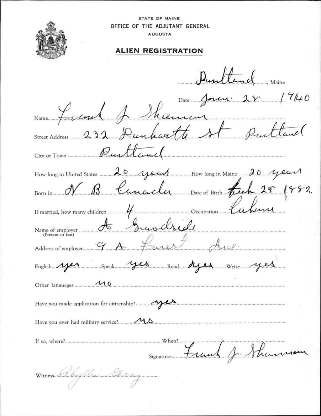 Miniature of Alien Registration- Shannon, Frank J. (Portland, Cumberland County)