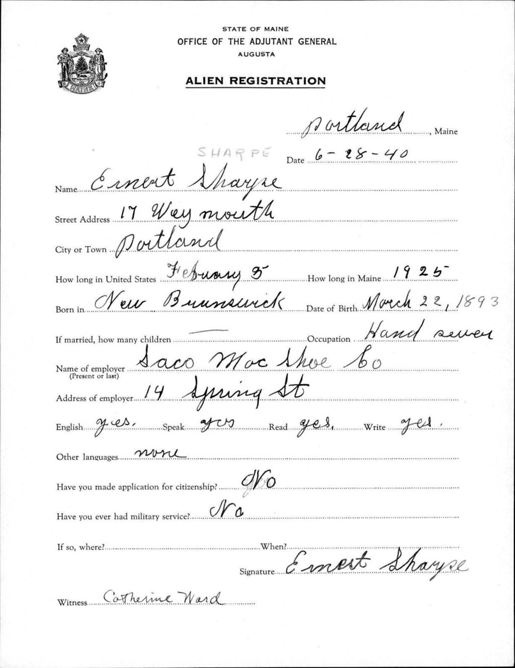 Miniature of Alien Registration- Sharpe, Ernest (Portland, Cumberland County)