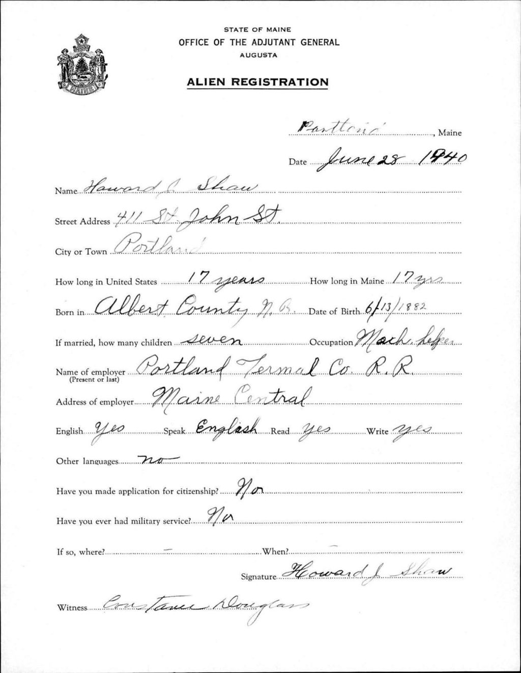 Miniature of Alien Registration- Shaw, Howard J. (Portland, Cumberland County)