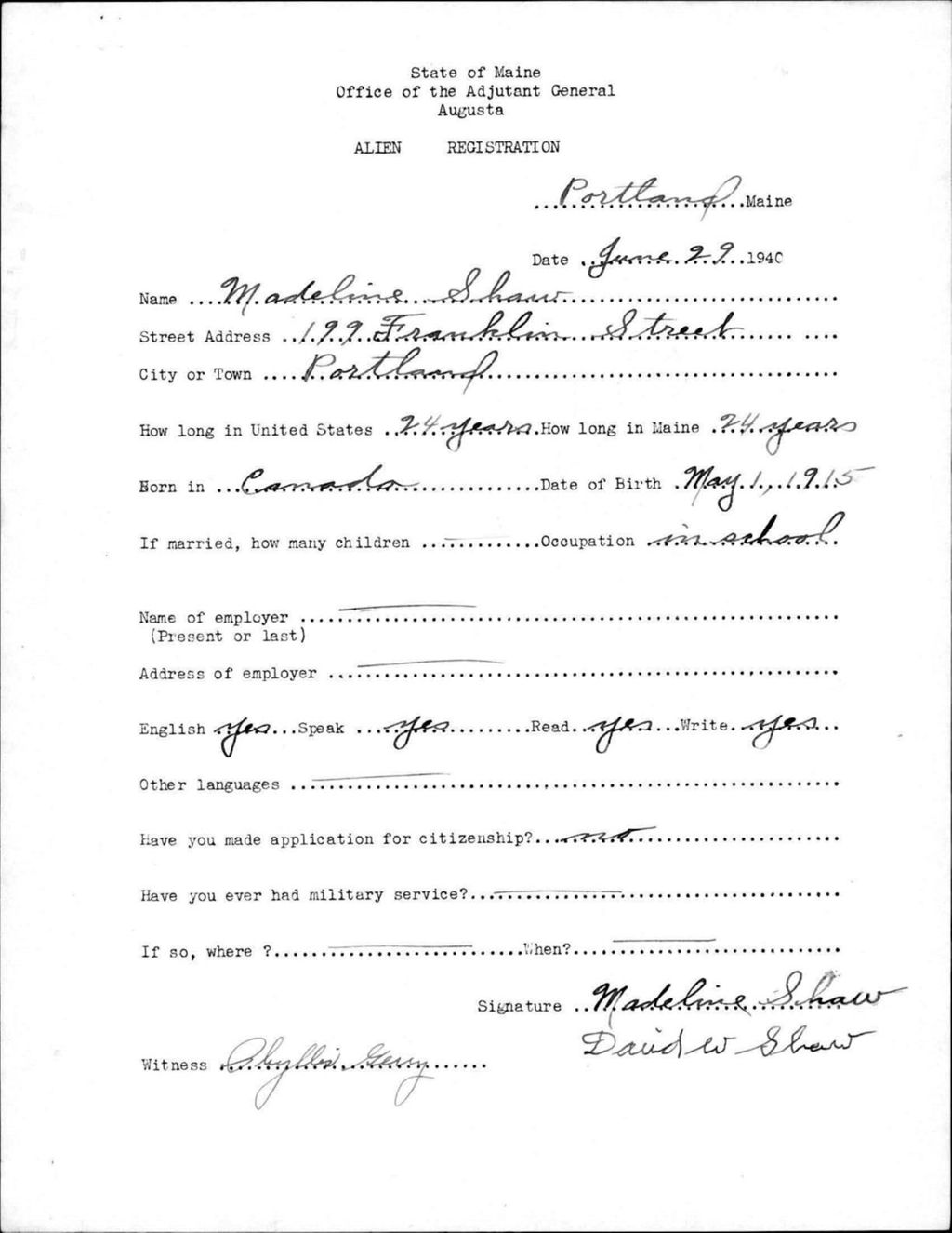 Miniature of Alien Registration- Shaw, Madeline (Portland, Cumberland County)