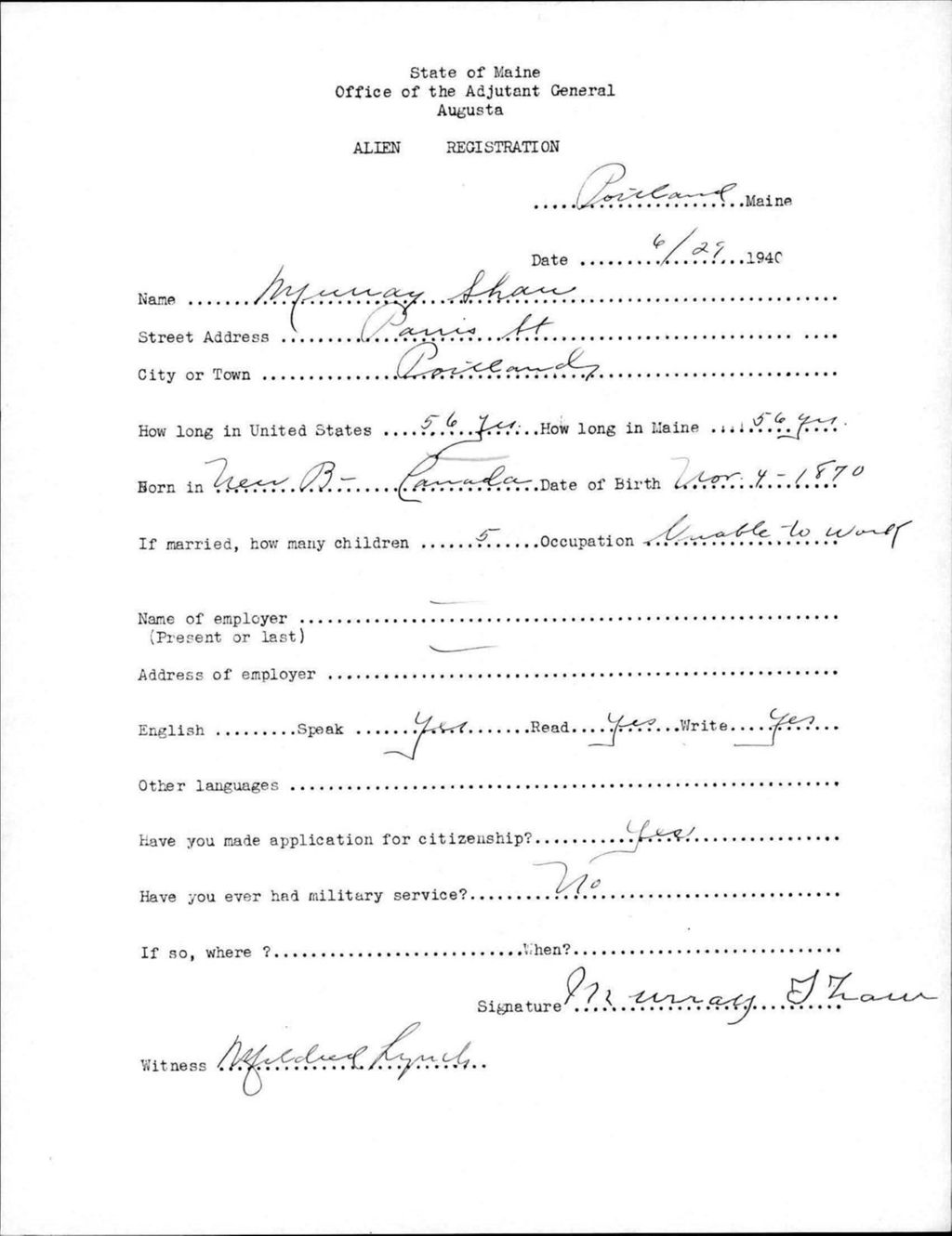 Miniature of Alien Registration- Shaw, Murray (Portland, Cumberland County)