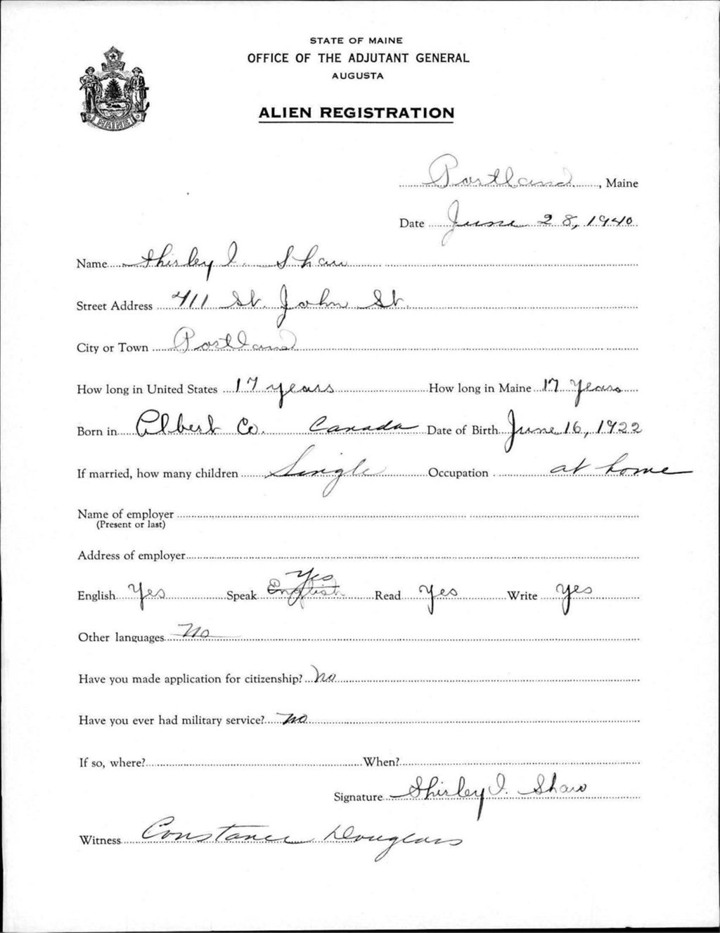 Miniature of Alien Registration- Shaw, Shirley I. (Portland, Cumberland County)