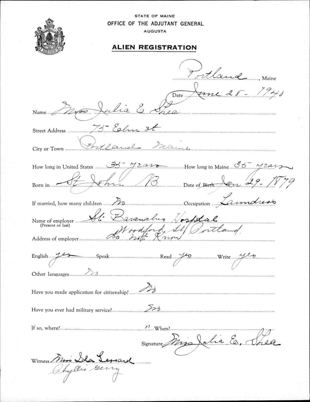 Miniature of Alien Registration- Shea, Julia E. (Portland, Cumberland County)