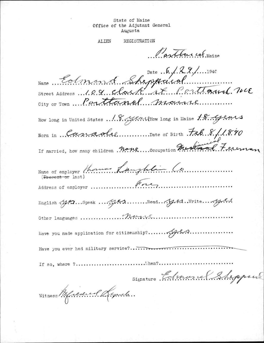 Miniature of Alien Registration- Sheppard, Edmond (Portland, Cumberland County)