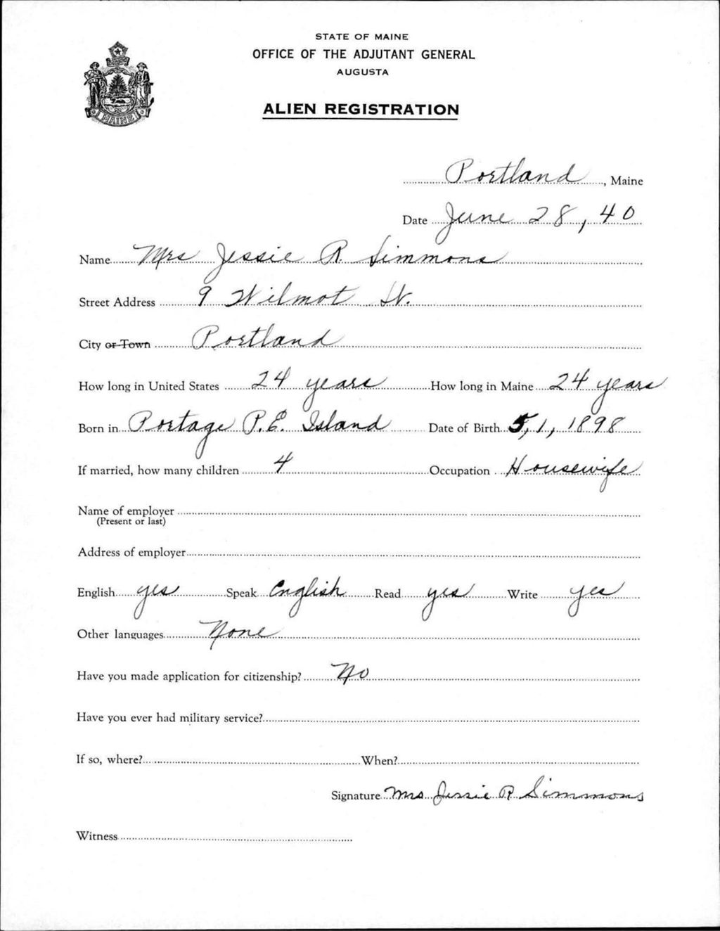 Miniature of Alien Registration- Simmons, Jessie R. (Portland, Cumberland County)