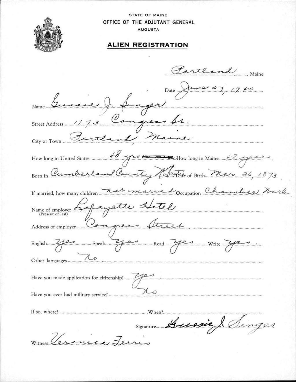 Miniature of Alien Registration- Singer, Bessie J. (Portland, Cumberland County)