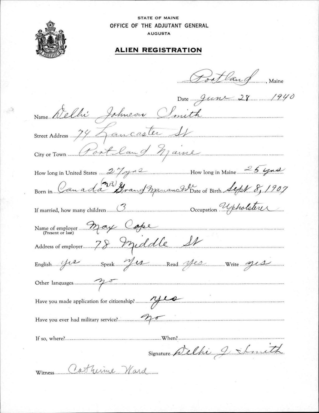 Miniature of Alien Registration- Smith, Delhi J. (Portland, Cumberland County)