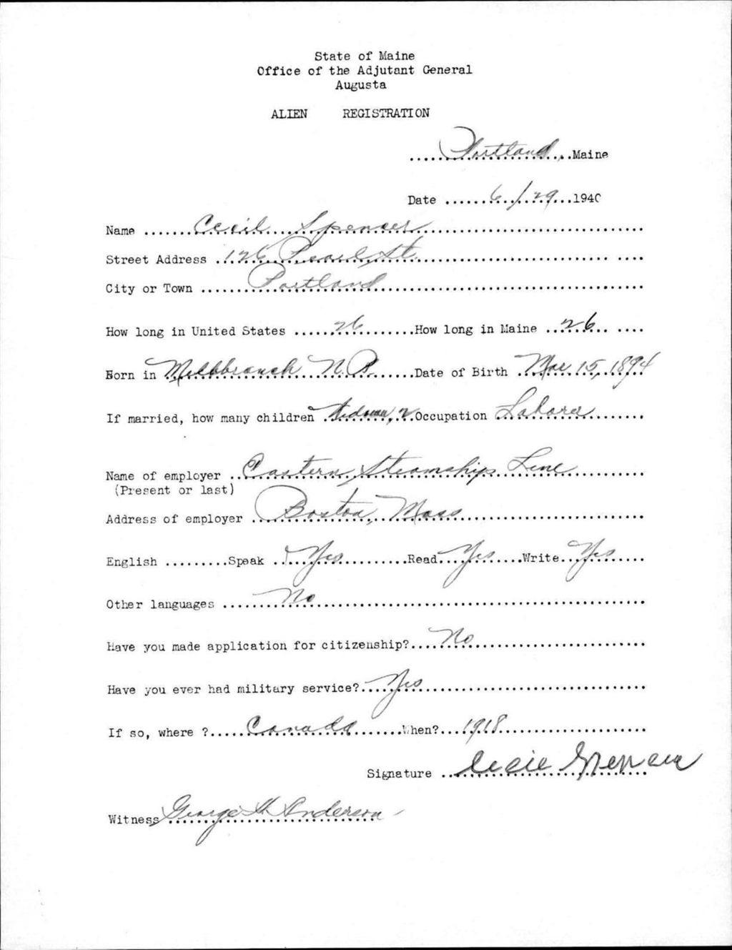 Miniature of Alien Registration- Spencer, Cecil (Portland, Cumberland County)