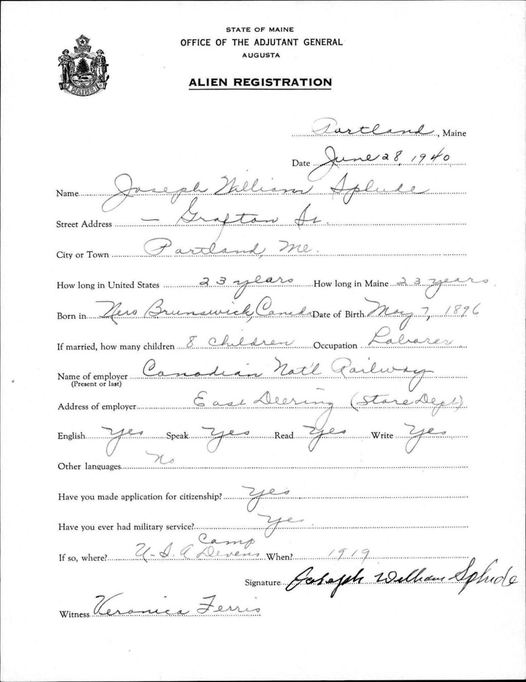 Miniature of Alien Registration- Splude, Joseph W. (Portland, Cumberland County)