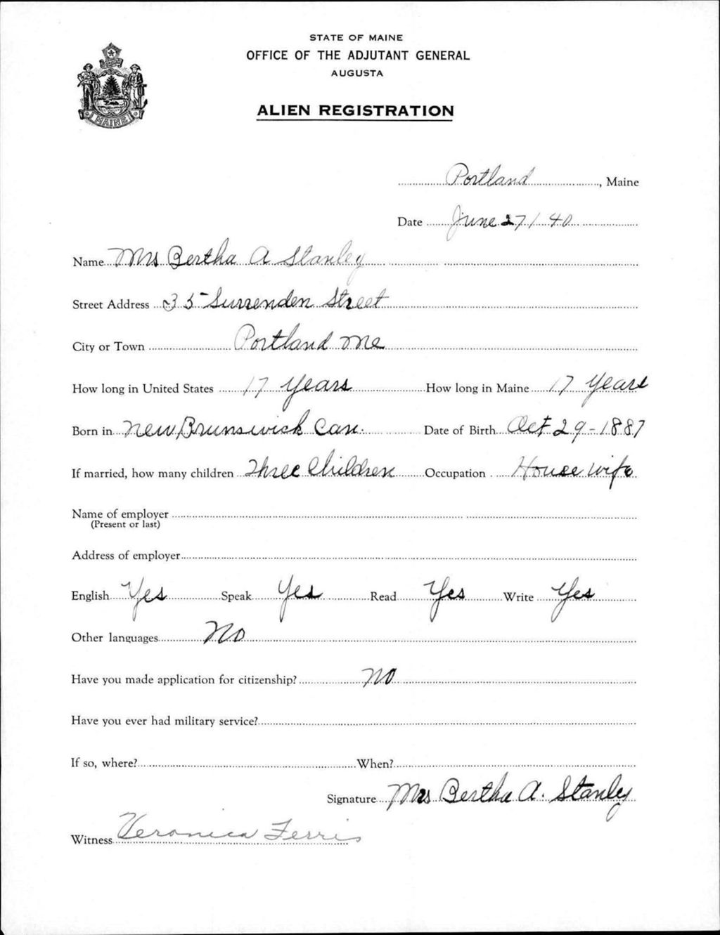 Miniature of Alien Registration- Stanley, Bertha A. (Portland, Cumberland County)