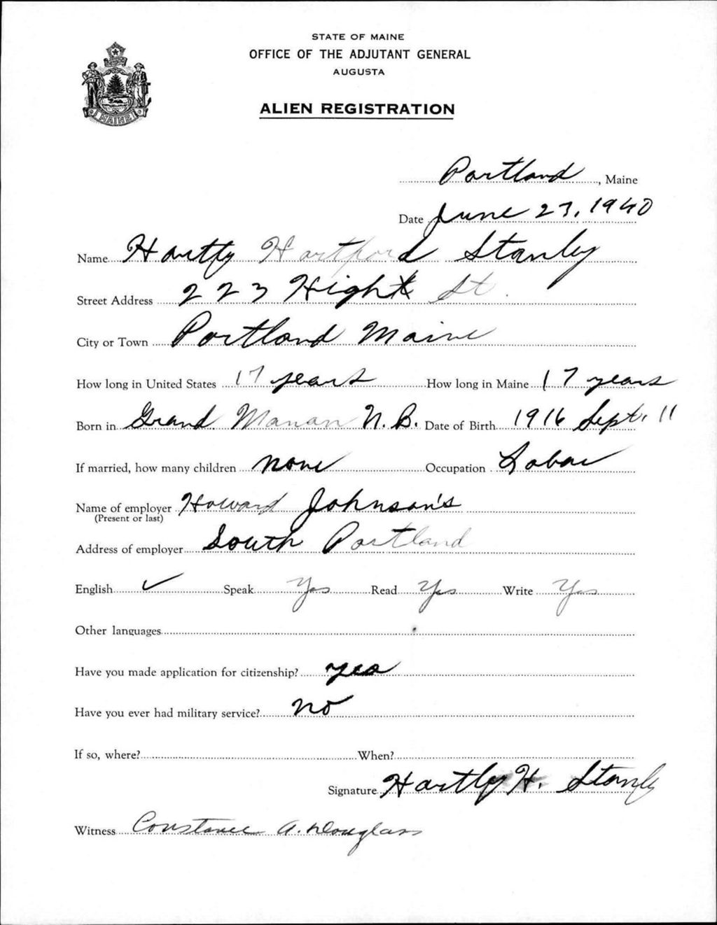 Miniature of Alien Registration- Stanley, Hartley H. (Portland, Cumberland County)