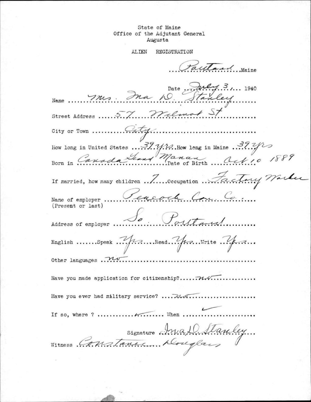 Miniature of Alien Registration- Stanley, Ina D. (Portland, Cumberland County)