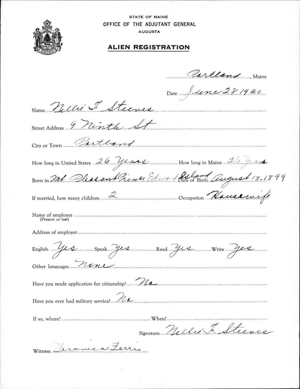 Miniature of Alien Registration- Steeves, Nellie F. (Portland, Cumberland County)