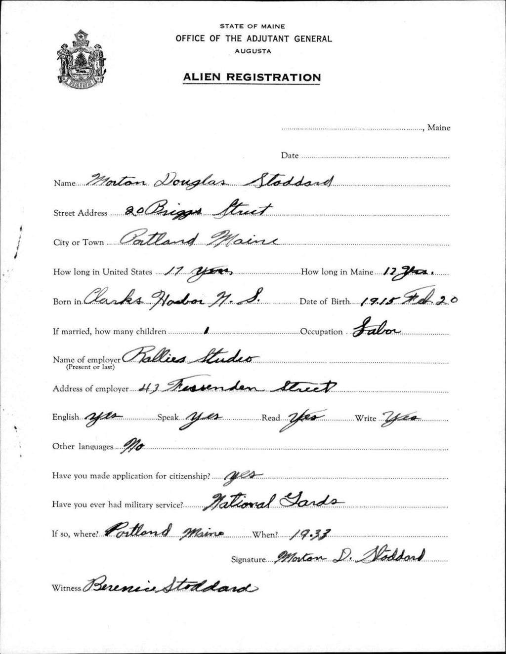 Miniature of Alien Registration- Stoddard, Morton D. (Portland, Cumberland County)