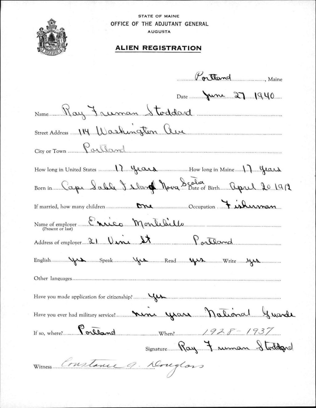 Miniature of Alien Registration- Stoddard, Ray F. (Portland, Cumberland County)
