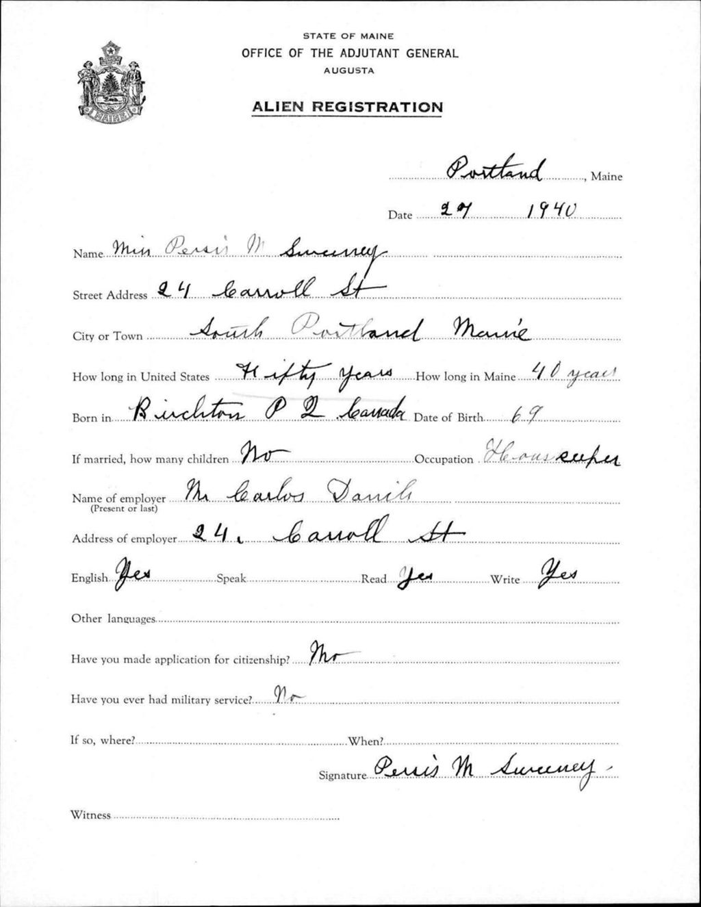 Miniature of Alien Registration- Sweeney, Persis M. (Portland, Cumberland County)