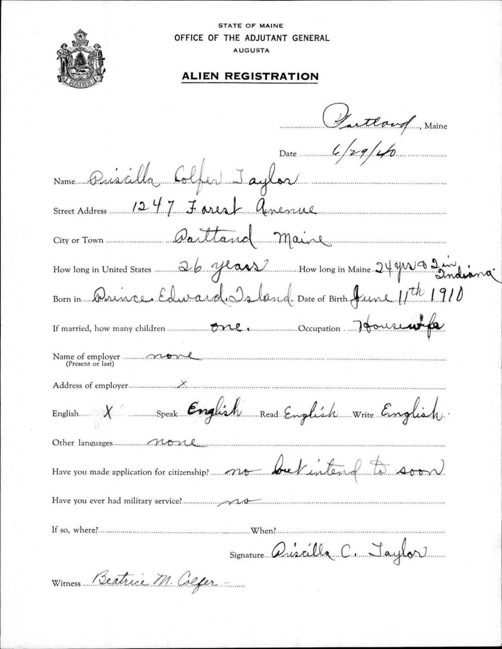 Miniature of Alien Registration- Colfer, Priscilla (Portland, Cumberland County)