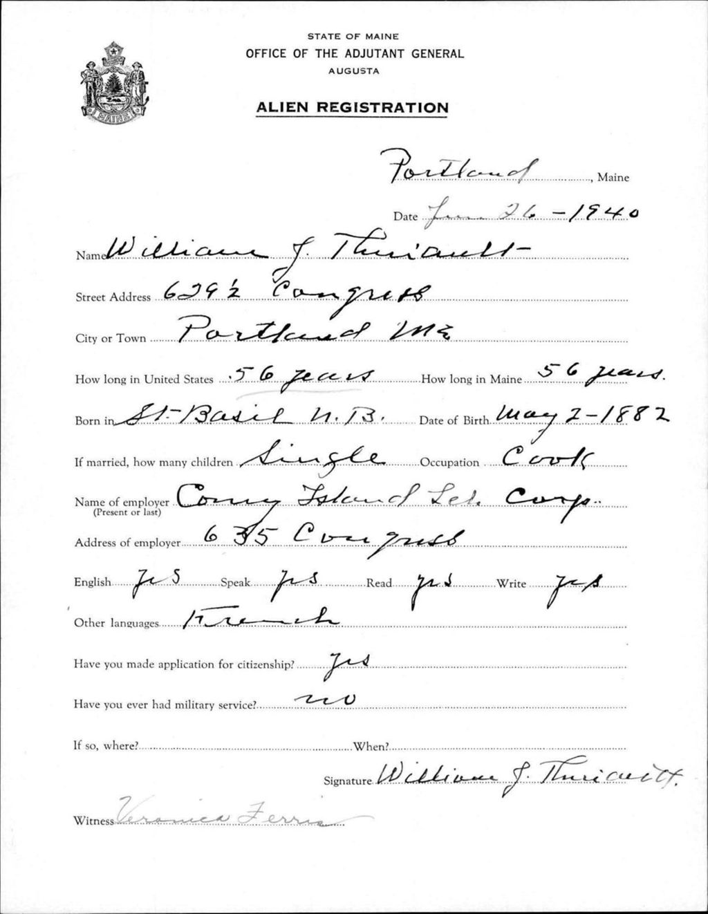 Miniature of Alien Registration- Theriault, William J. (Portland, Cumberland County)