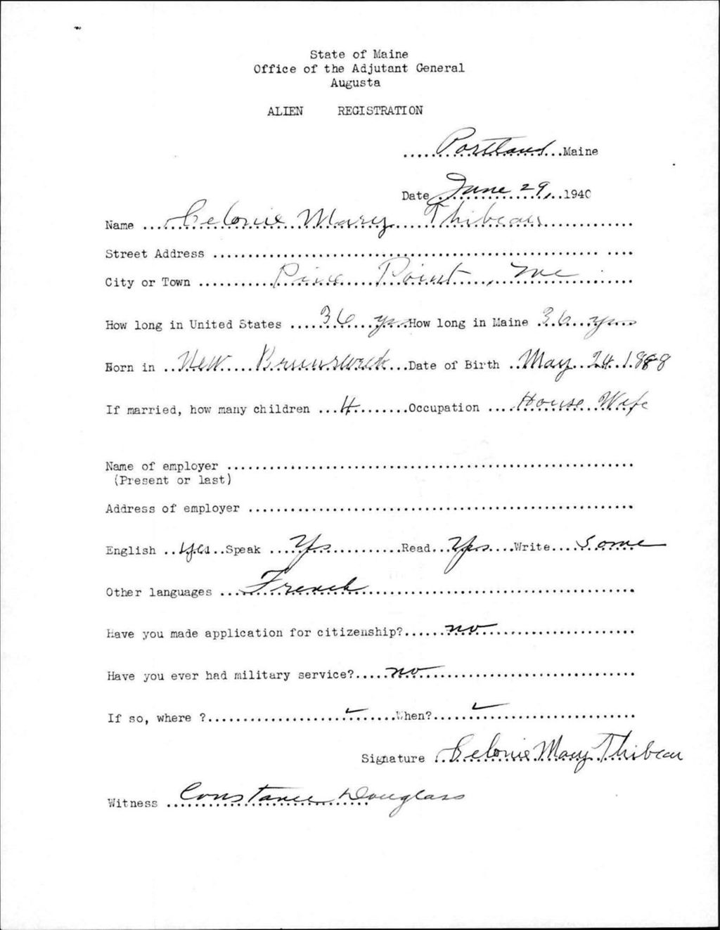 Miniature of Alien Registration- Thibeau, Celonie M. (Portland, Cumberland County)