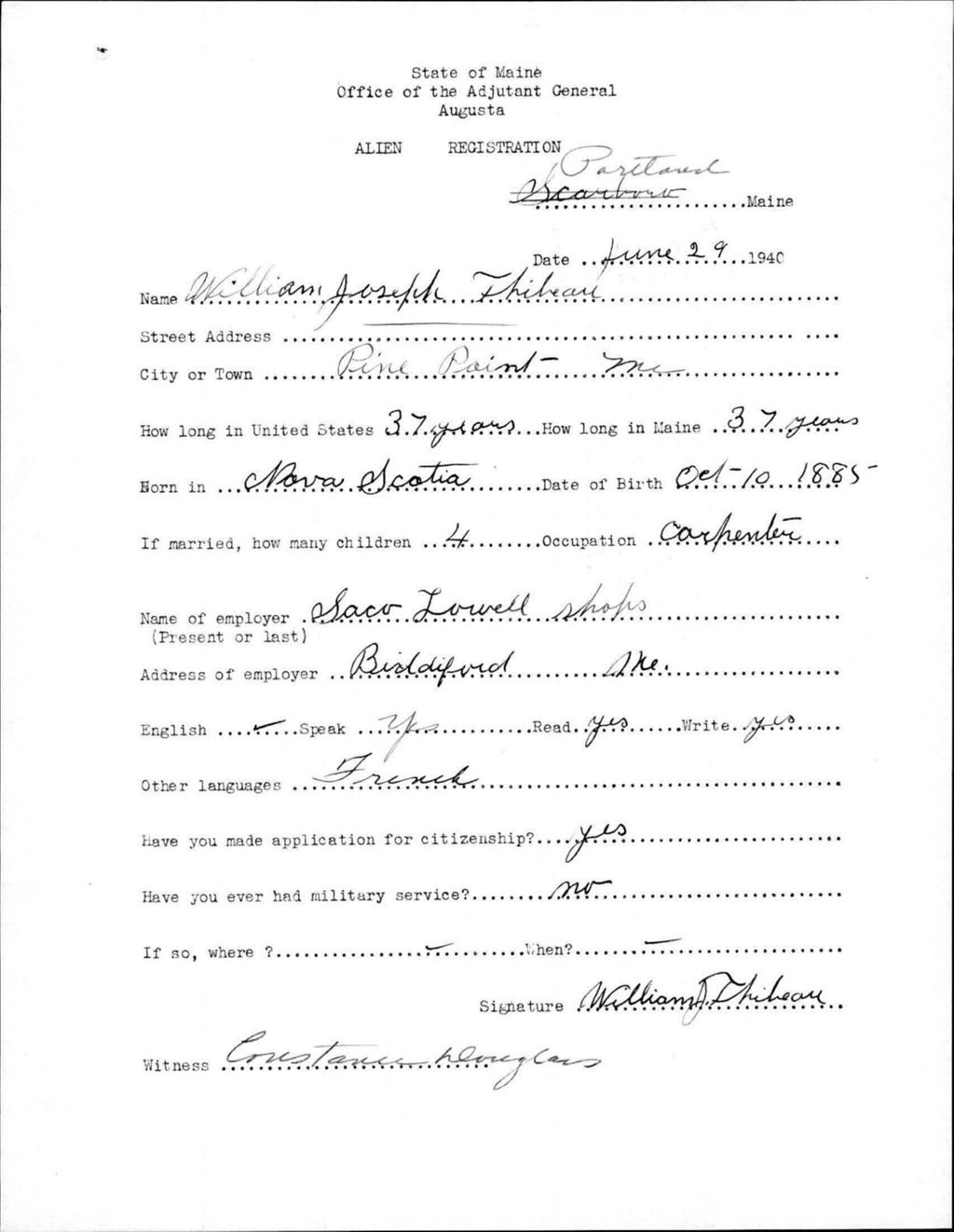 Miniature of Alien Registration- Thibeau, William J. (Portland, Cumberland County)
