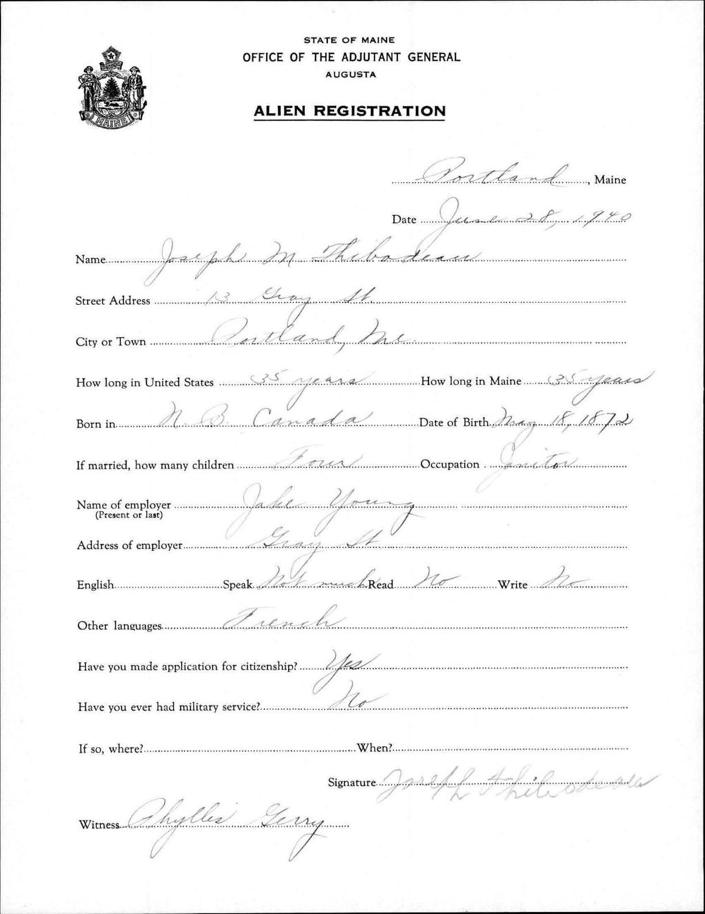 Miniature of Alien Registration- Thibodeau, Joseph M. (Portland, Cumberland County)