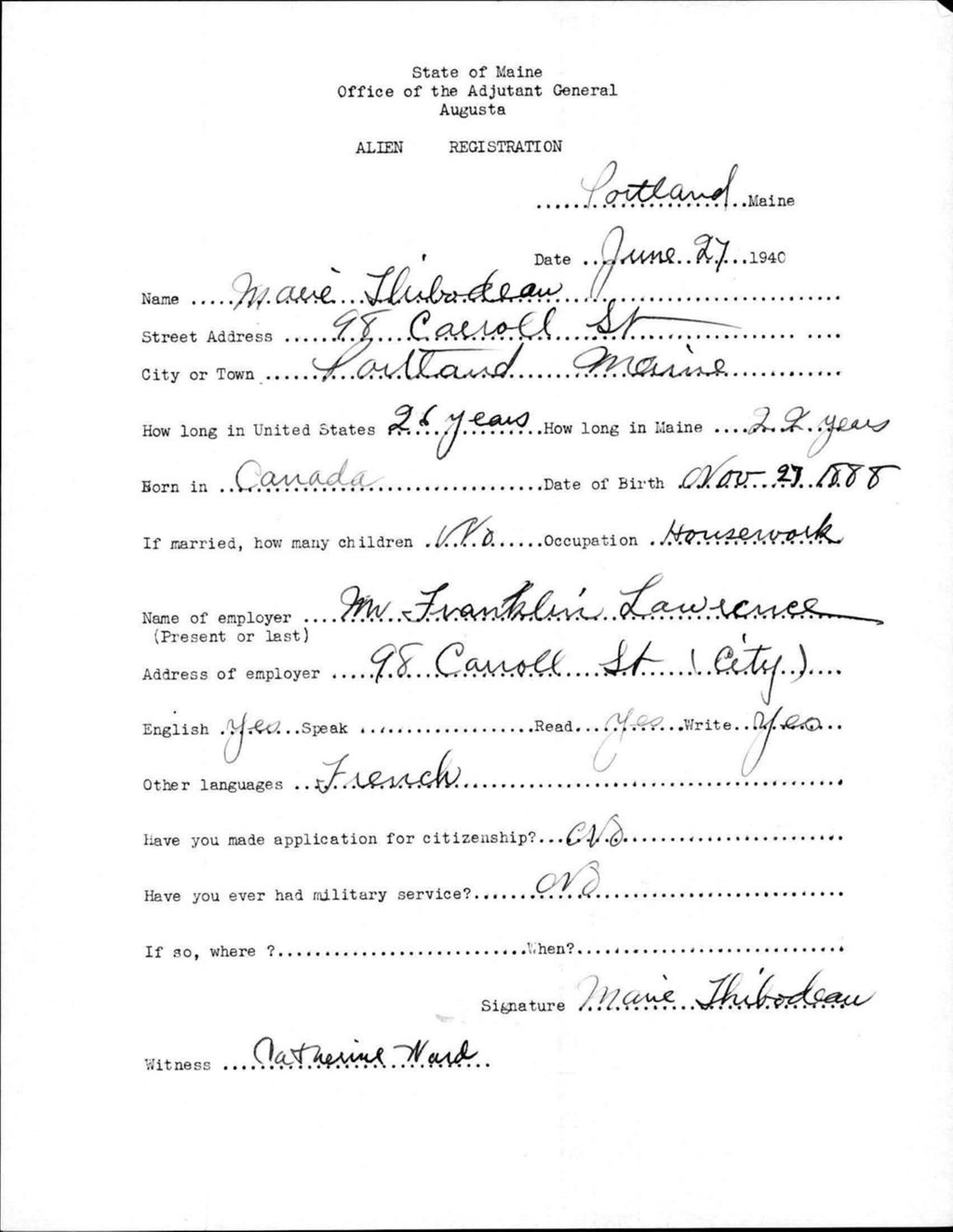Miniature of Alien Registration- Thibodeau, Marie (Portland, Cumberland County)