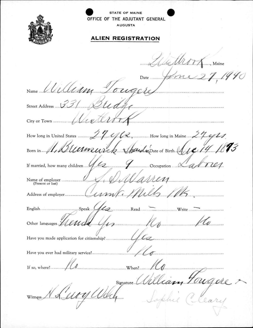 Miniature of Alien Registration- Fougere, William (Westbrook, Cumberland County)