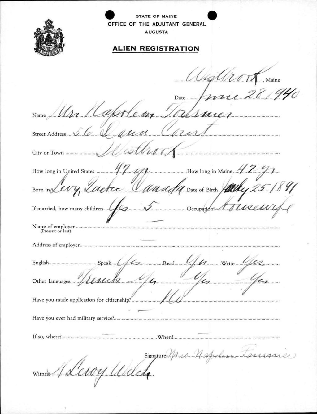 Miniature of Alien Registration- Fournier, Napoleon (Westbrook, Cumberland County)