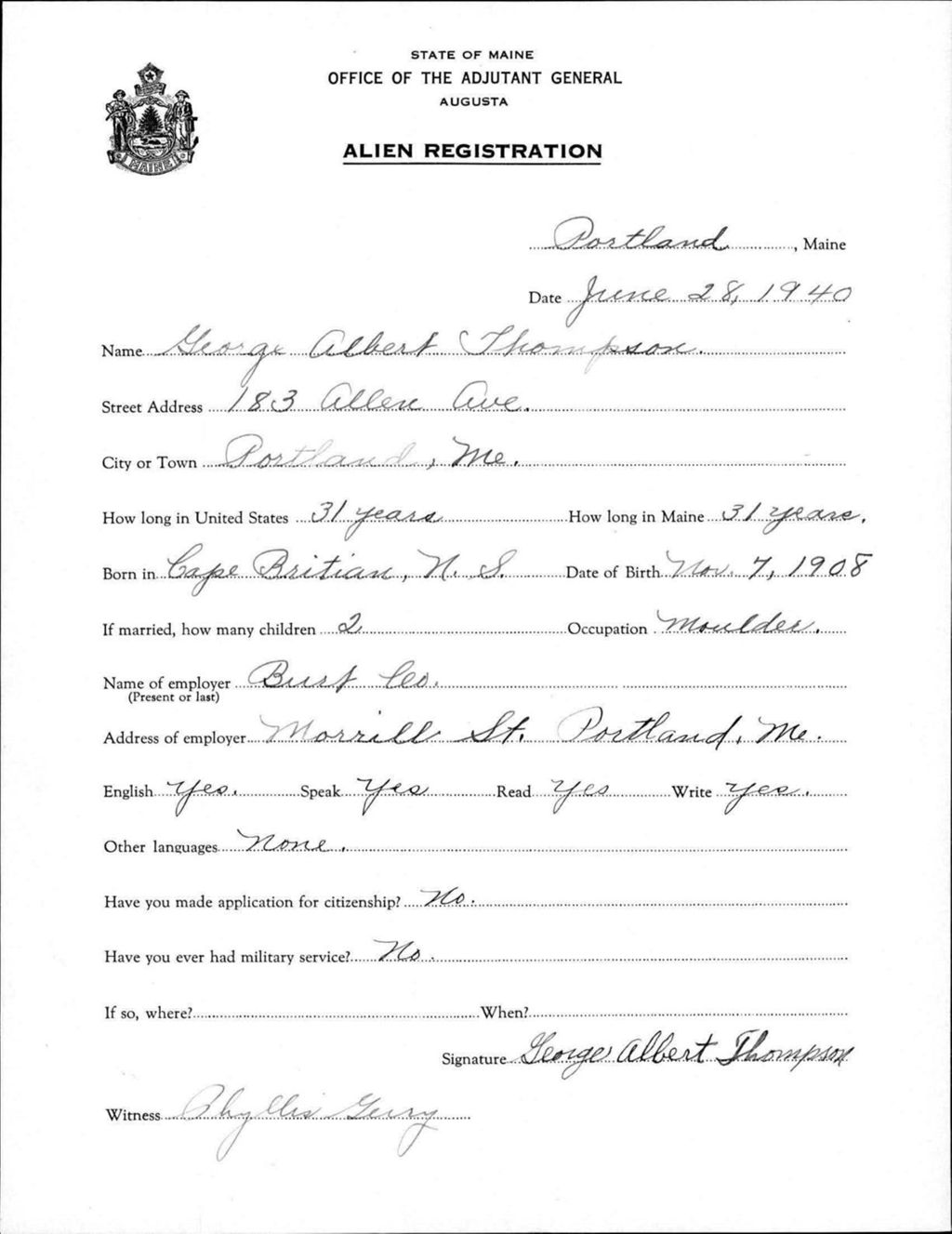 Miniature of Alien Registration- Thompson, George A. (Portland, Cumberland County)