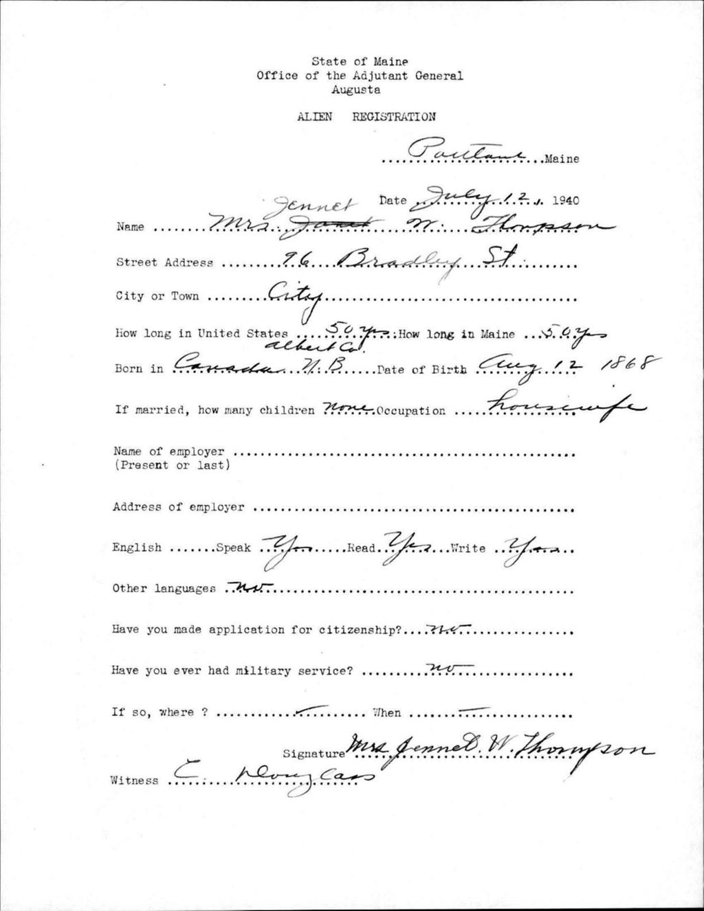 Miniature of Alien Registration- Thompson, Jennet W. (Portland, Cumberland County)