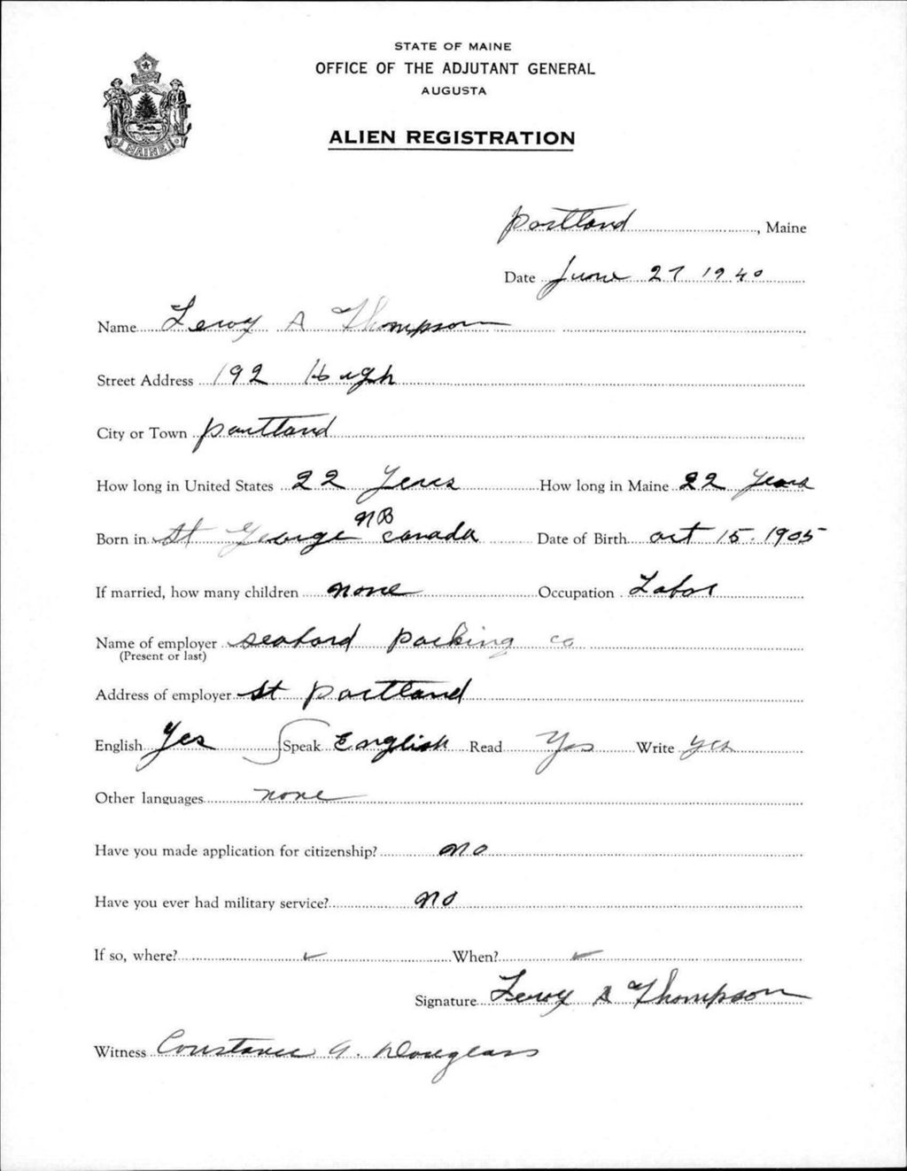 Miniature of Alien Registration- Thompson, Leroy A. (Portland, Cumberland County)