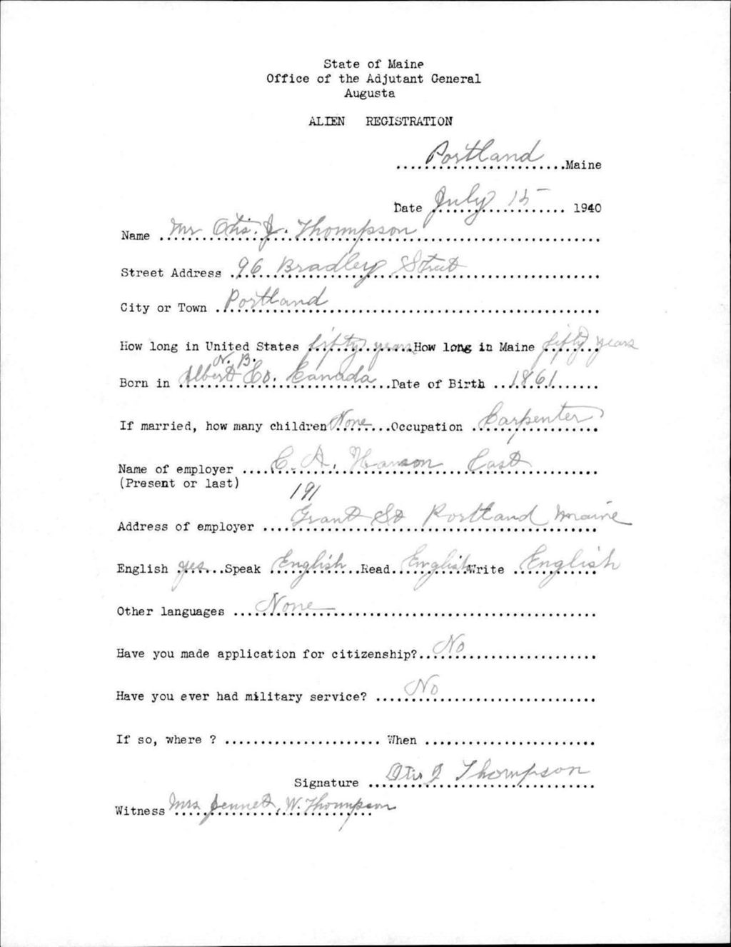 Miniature of Alien Registration- Thompson, Otis J. (Portland, Cumberland County)