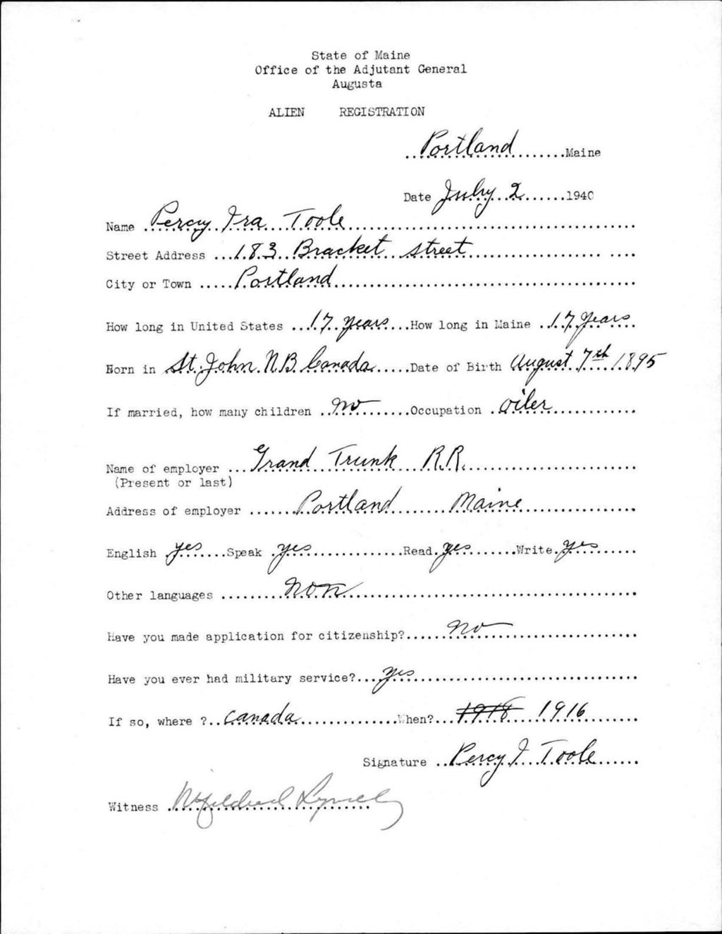 Miniature of Alien Registration- Toole, Percy I. (Portland, Cumberland County)