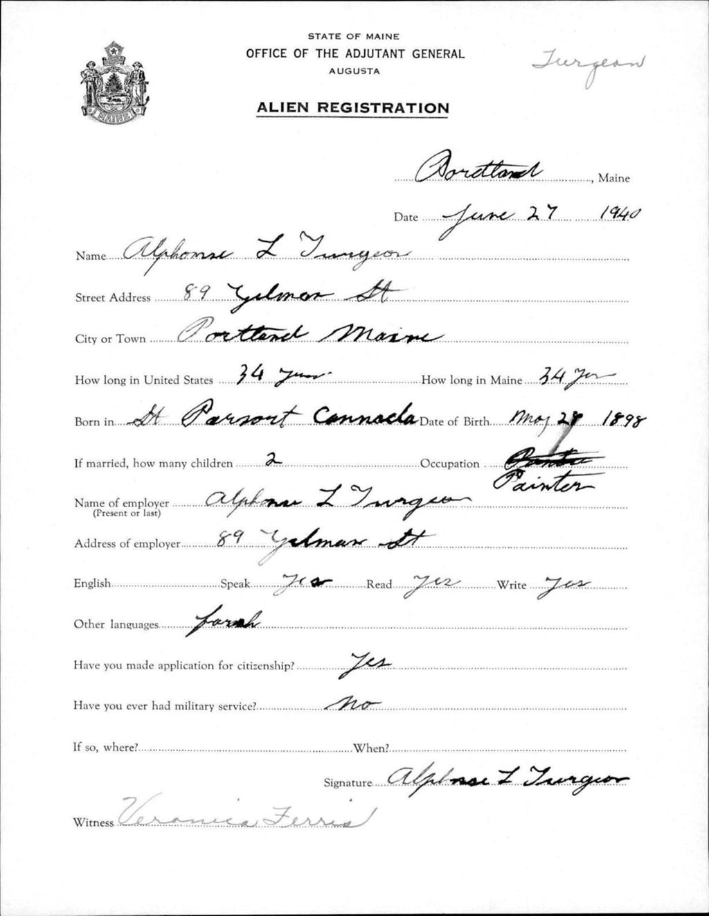 Miniature of Alien Registration- Turgeon, Alphonse L. (Portland, Cumberland County)