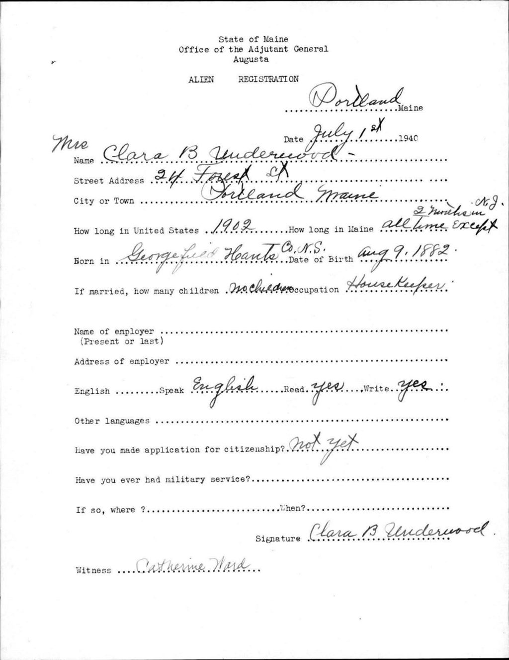 Miniature of Alien Registration- Underwood, Clara B. (Portland, Cumberland County)