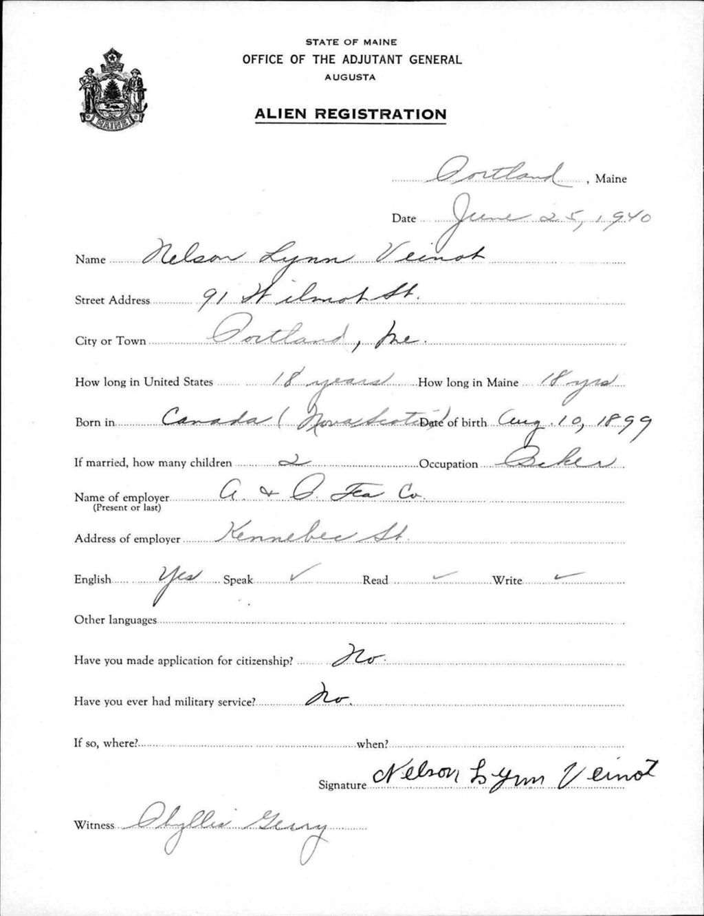 Miniature of Alien Registration- Veinot, Nelson L. (Portland, Cumberland County)