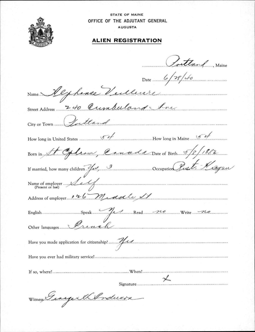 Miniature of Alien Registration- Veilleure, Alphonse (Portland, Cumberland County)