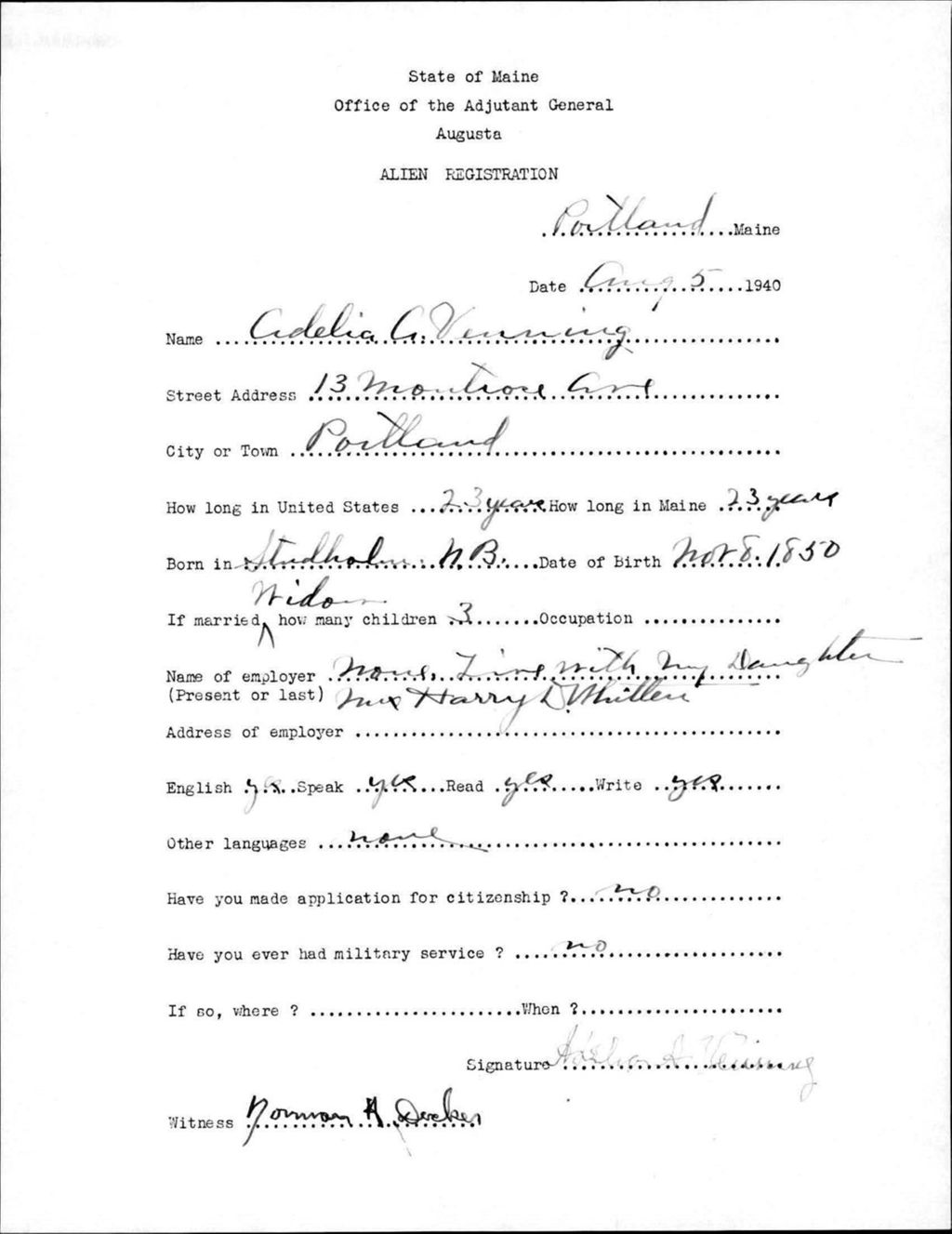 Miniature of Alien Registration- Veirring, Cedelia A. (Portland, Cumberland County)
