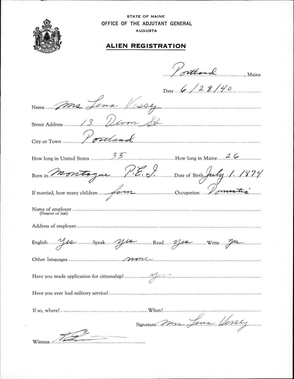Miniature of Alien Registration- Vessey, Lena (Portland, Cumberland County)