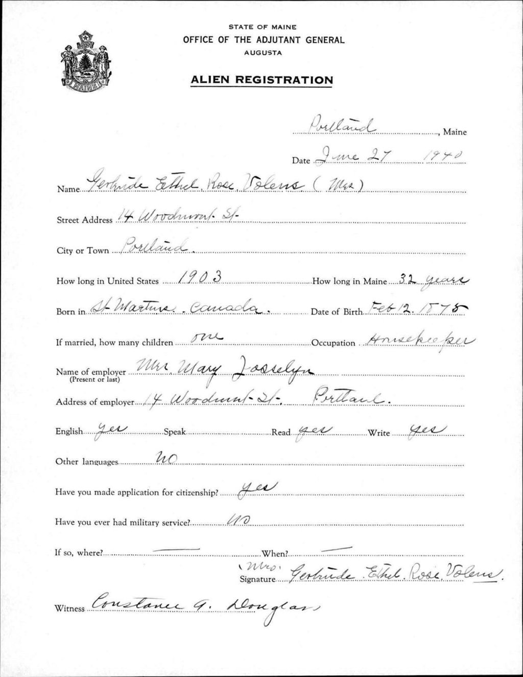 Miniature of Alien Registration- Volens, Gertrude Ethel R. (Portland, Cumberland County)