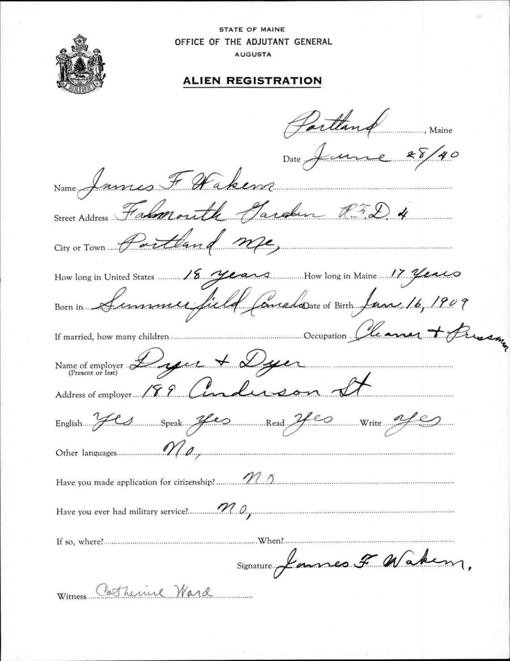 Miniature of Alien Registration- Wakem, James F. (Portland, Cumberland County)